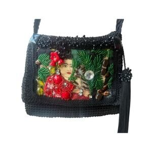Rare Frida Kahlo Inspired 3D Beaded Crossbody Bag Black Crochet Tassel Boho Art